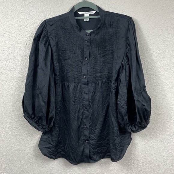 Diane Von Furstenberg Silk Puff Balloon Sleeve Black Button Front Blouse Sz 10 - Picture 1 of 11